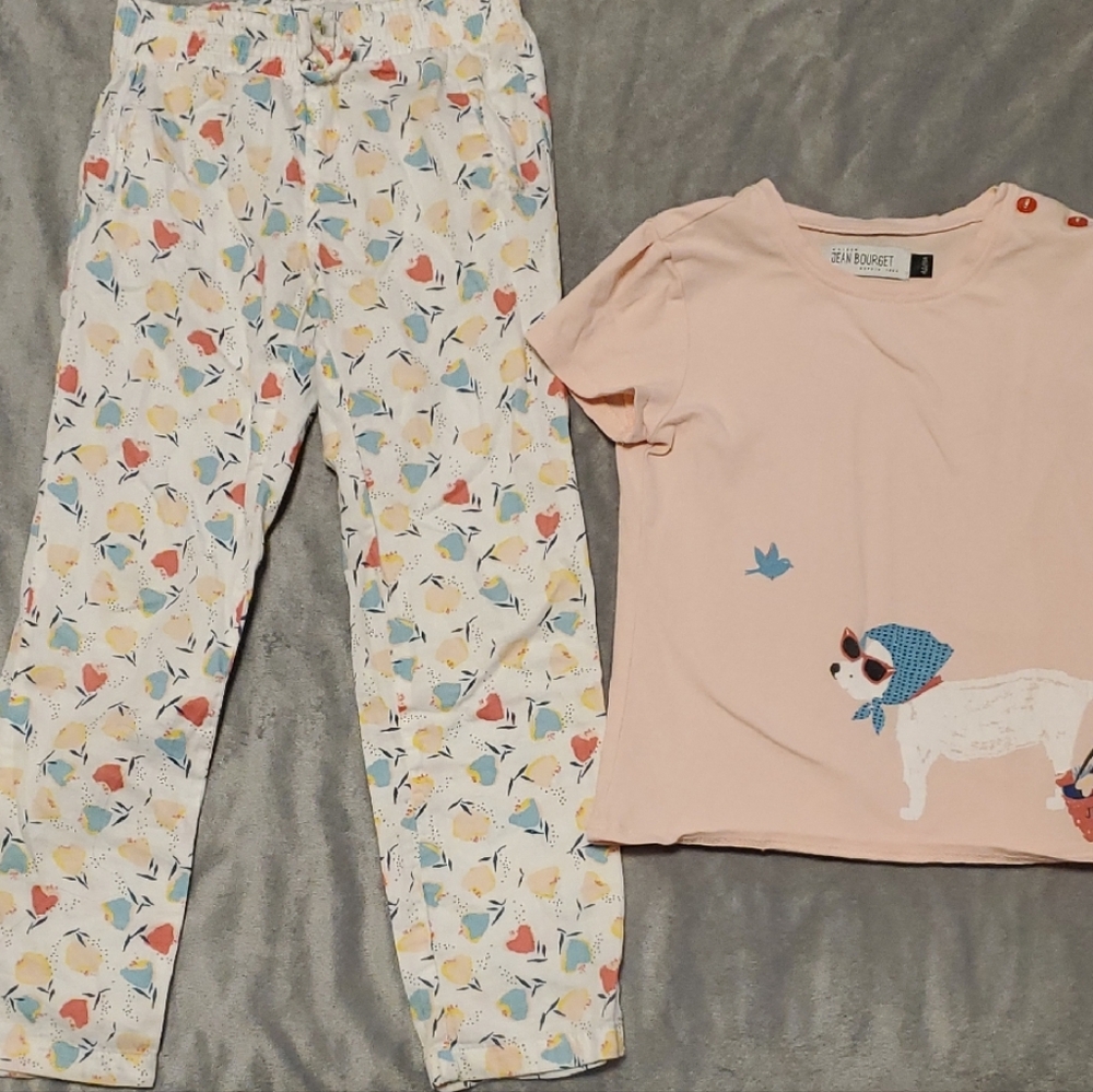Jean Bourget Pink and White Floral Dog Print Matching Pant Set